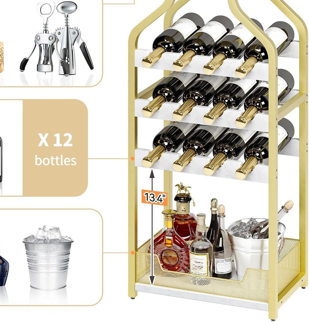 Garvee Weinregal Gold mit Glashalter, freistehendes Flaschenregal für 12 Flaschen, schmales Barregal