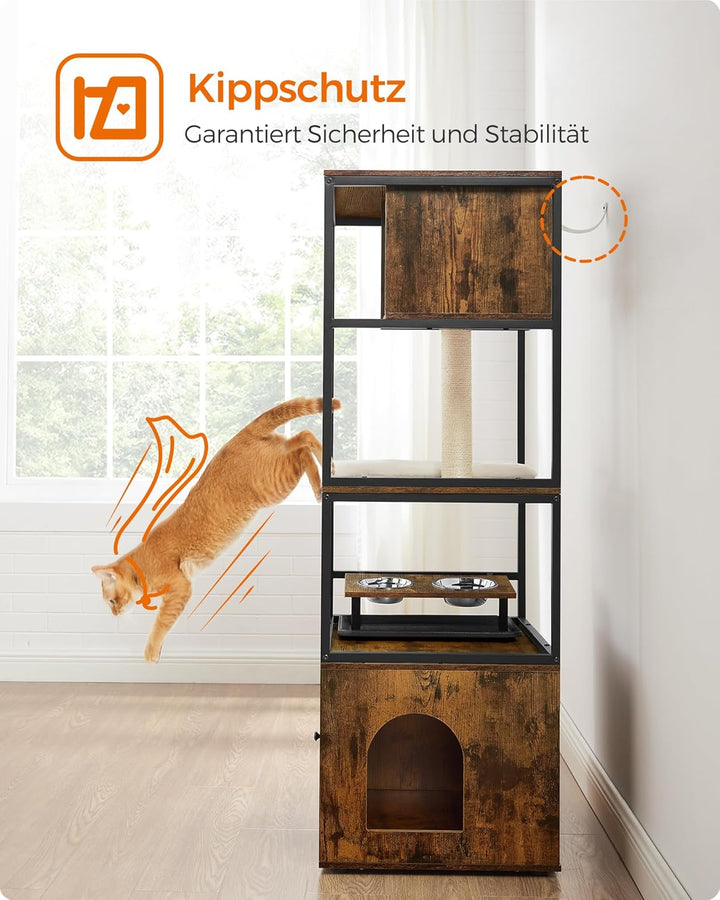 Feandrea Kratzbaum, Katzenbaum, Katzenhaus mit Katzenklo-Schrank, erhöhter Napfständer, Sisalstamm,