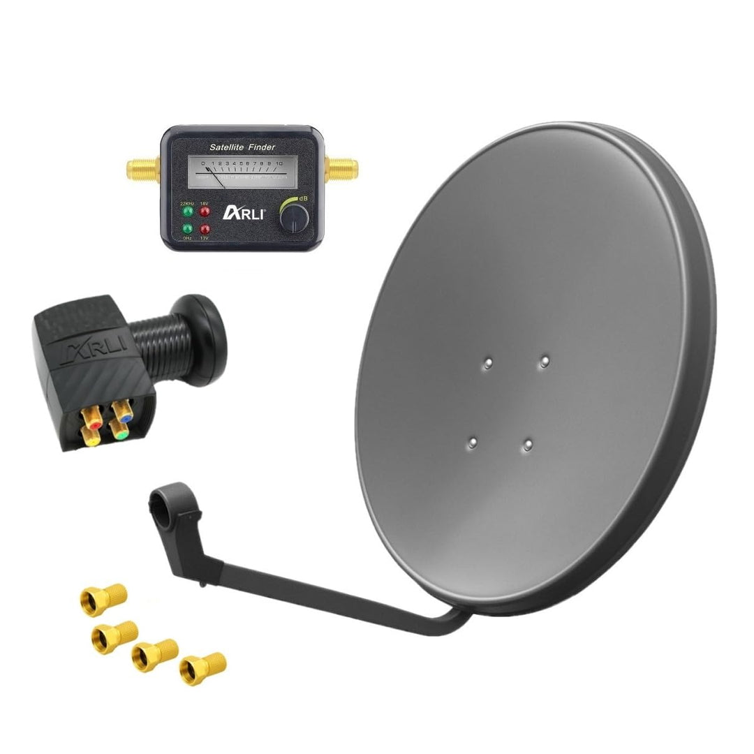 60cm HD Sat Anlage Quad LNB + Satfinder + 4 F-Stecker Digital 2 Teilnehmer Antenne grau UHD 4K, + Sa