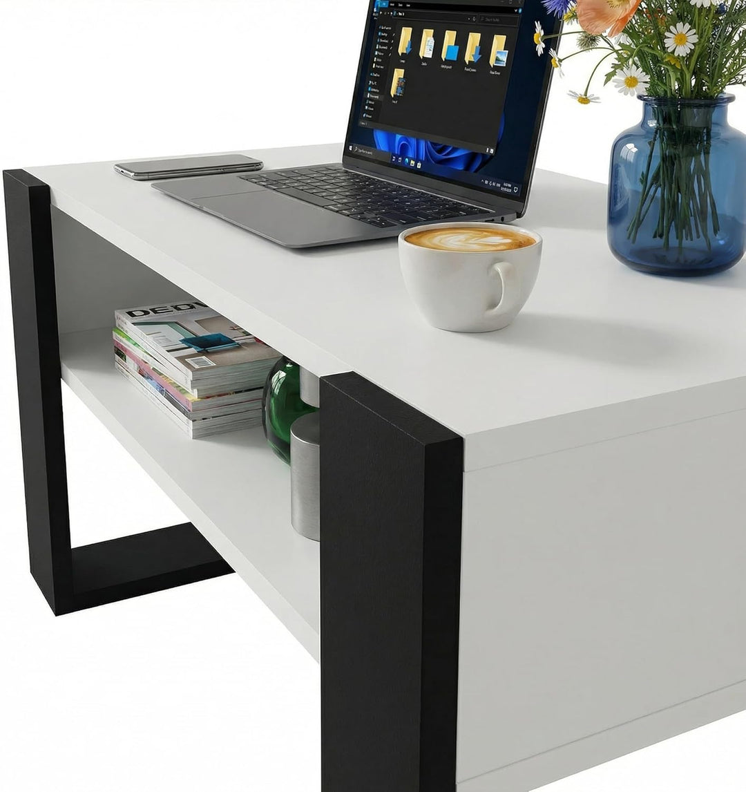 Wohnzimmer Tisch für Couch aus hochwertigem Holz, moderner Couchtisch mit zusätzlicher Ablagefläche,