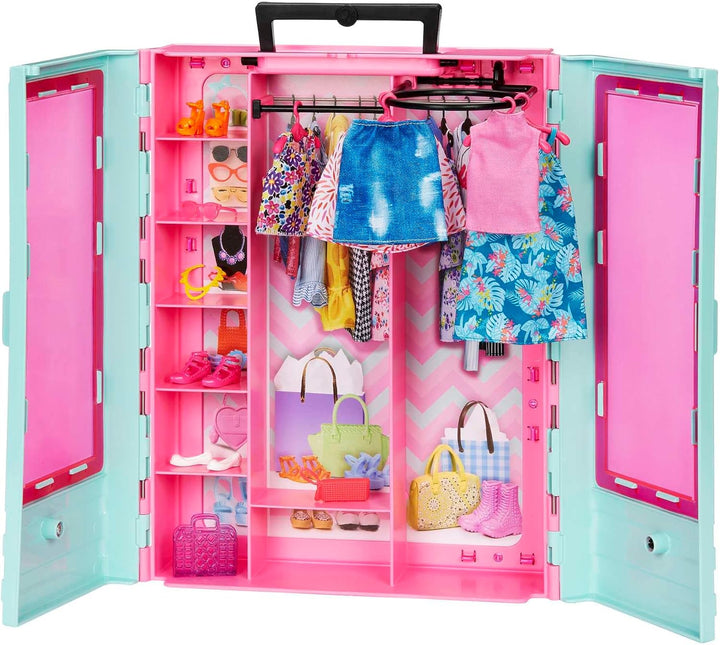 Barbie Kleiderschrank mit Kleidung und Accessoires, Garderobenschrank mit Falttüren und Tragegriff,