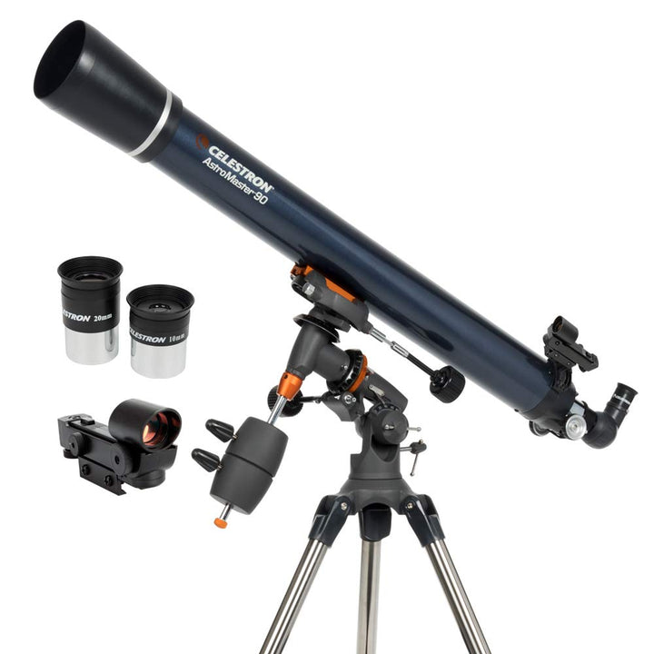 Celestron 21064 AstroMaster 90EQ Refraktor-Teleskop - mit Zwei Okularen, seitenrichtigem Spiegel, hö