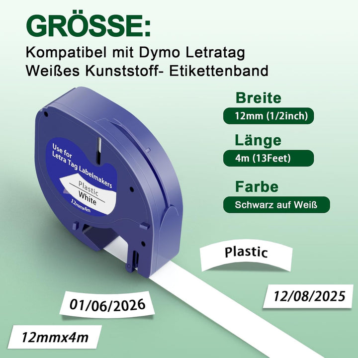 8X Kompatibel mit Dymo Etikettenband Letratag 12mm x 4m, 91201/91221 Schwarz auf Weiss, Kompatible m