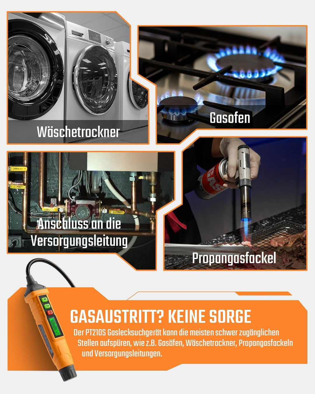 Gasmelder, TopTes PT210S Gasspürgerät mit 10 cm Sonde, ideal für den Einsatz in Wohnhäusern und Wohn