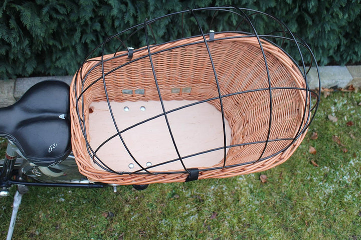 Hundefahrradkorb für Gepäckträger aus Weide mit Metallgitter und Kissen Natur XL oder XXL Gepäckträg