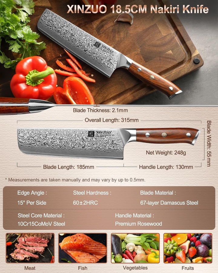 XINZUO 18.5cm Damaskus Nakirimesser, scharf Küchenmesser 67 Schichten Damaststahl profi Kochmesser C