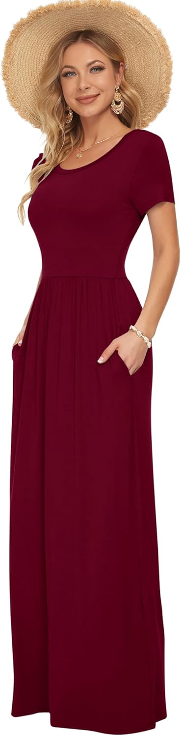 AUSELILY Damen Kurzarm Loose Casual Long Maxi Kleider mit Taschen Wein Rot XL, Wein Rot XL