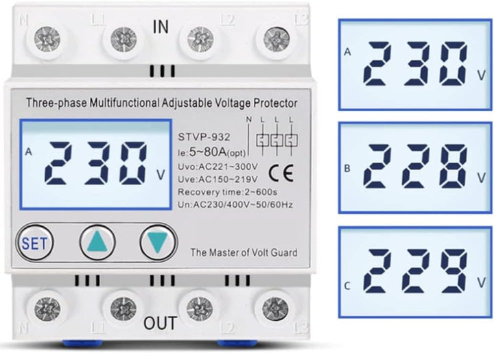 Überspannungsschutz, Einstellbarer Spannungsschutz STVP-932 230V/400V AC 3-Phasen-LCD-Multifunktions