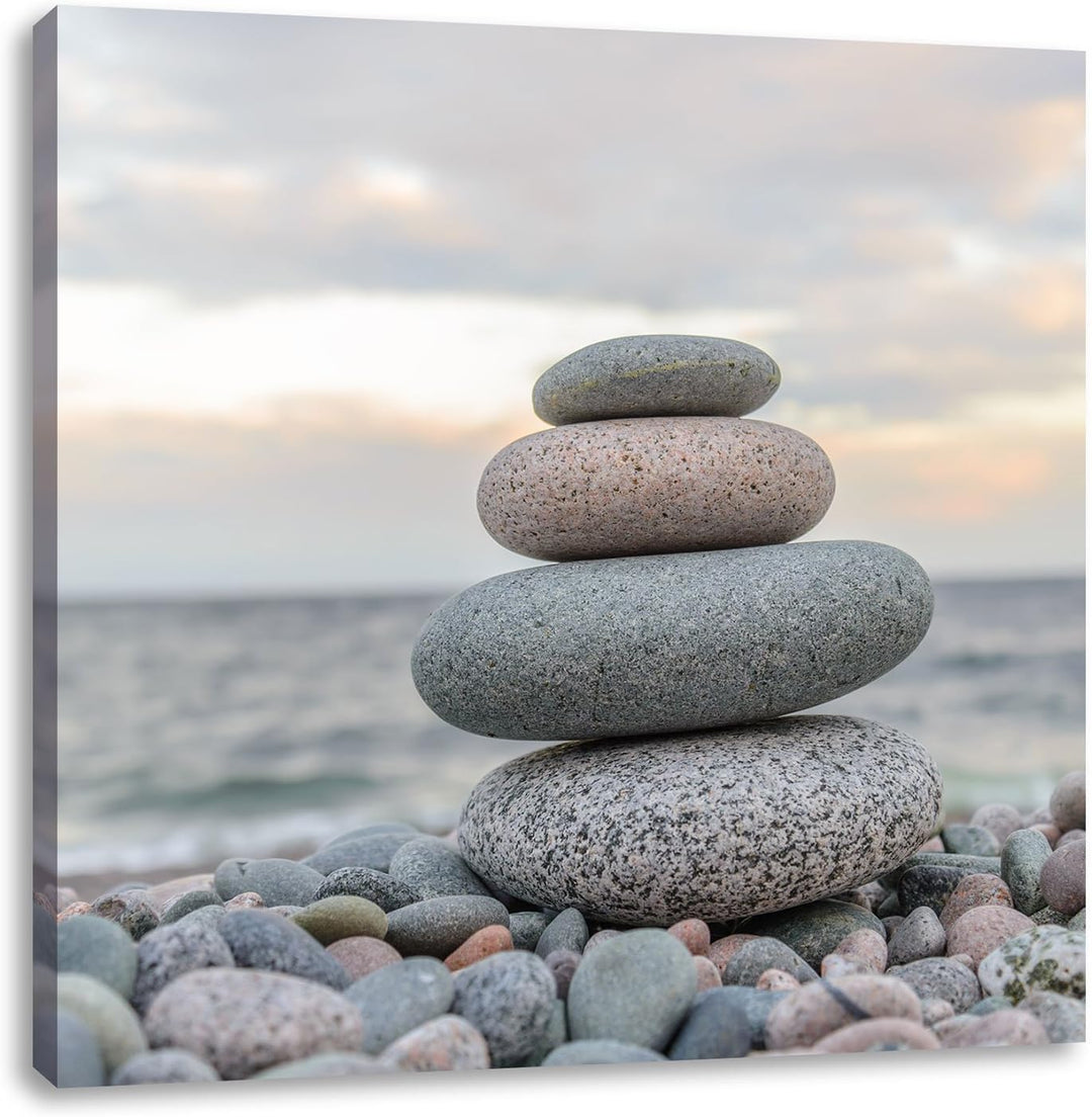 Steinturm am Strand, Format: 70x70 auf Leinwand, XXL riesige Bilder fertig gerahmt mit Keilrahmen, K