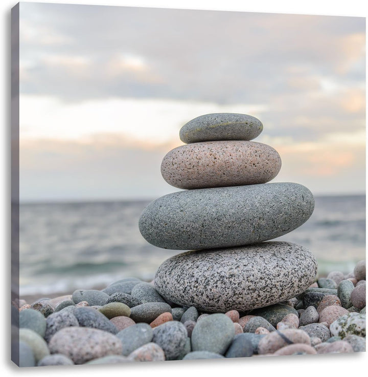 Steinturm am Strand, Format: 70x70 auf Leinwand, XXL riesige Bilder fertig gerahmt mit Keilrahmen, K
