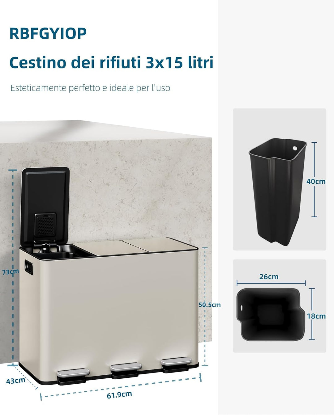GarveeHome Mülleimer 3 Fächer 45L, Mülltrennsystem mit 3 x 15L Deckel aus Edelstahl, Treteimer Küche