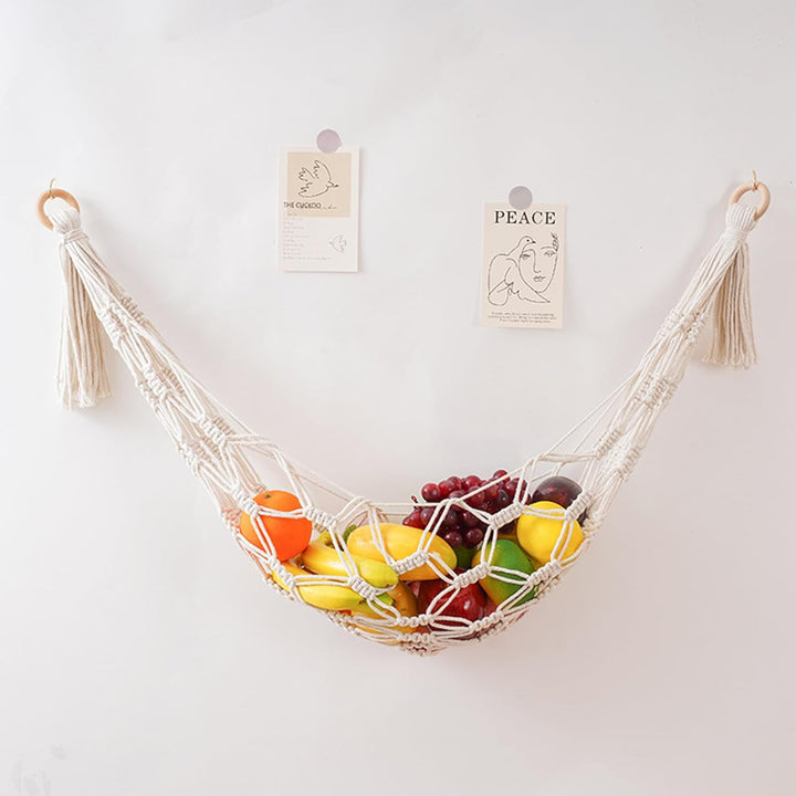 Boho-Organizer-Netztasche Obsthängematte für Küche unter Schrank Hängende Obst-Hängematte,ca. 115 cm