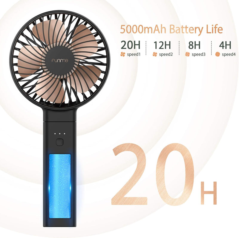 Funme Handventilator [20 Stunden Lange Arbeitszeit] 5000 Akku Starker Wind Leise Tischventilator 4 S