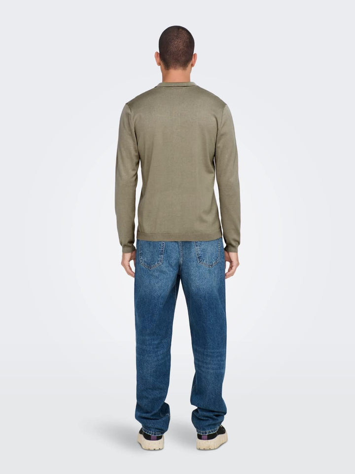 Herren O&S Polo Langarm Shirt Basic Pullover aus Baumwolle Longsleeve Knitted Sweater ONSWYLER, Chin
