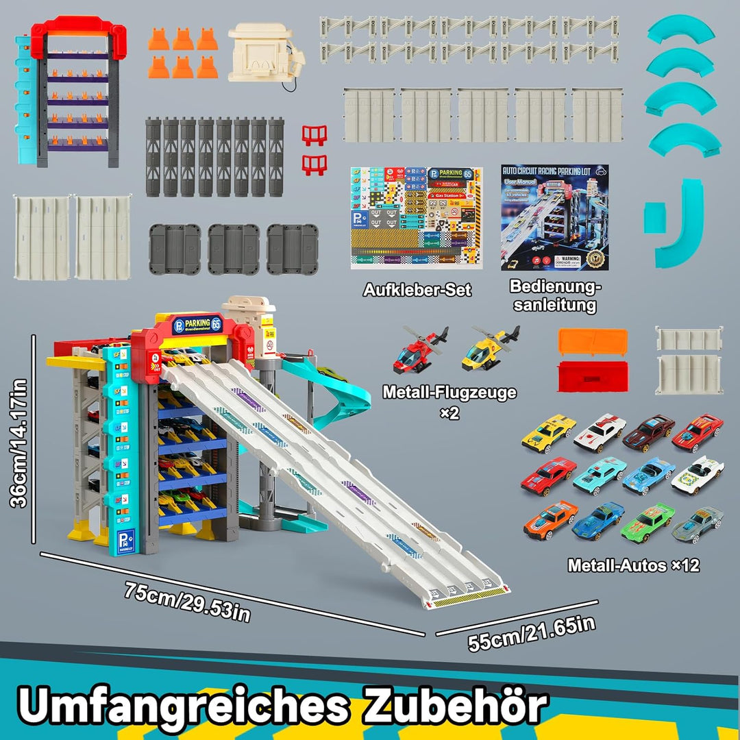 JONRRYIN Autorennbahn für Kinder, Rennstrecke Auto mit 5 Stockwerke Parkhaus, Spielzeug Rennbahn mit