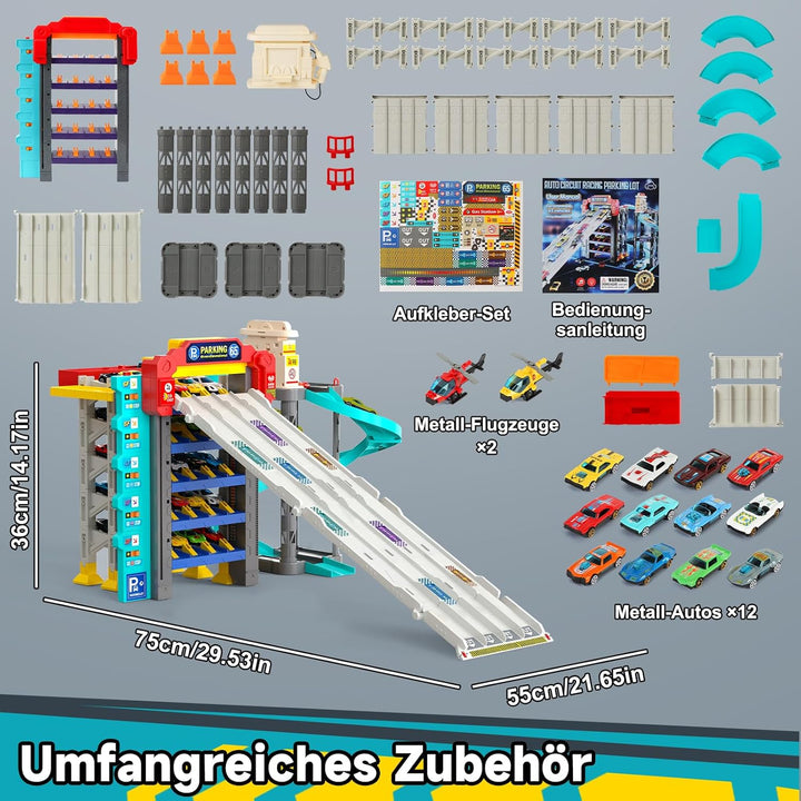 JONRRYIN Autorennbahn für Kinder, Rennstrecke Auto mit 5 Stockwerke Parkhaus, Spielzeug Rennbahn mit