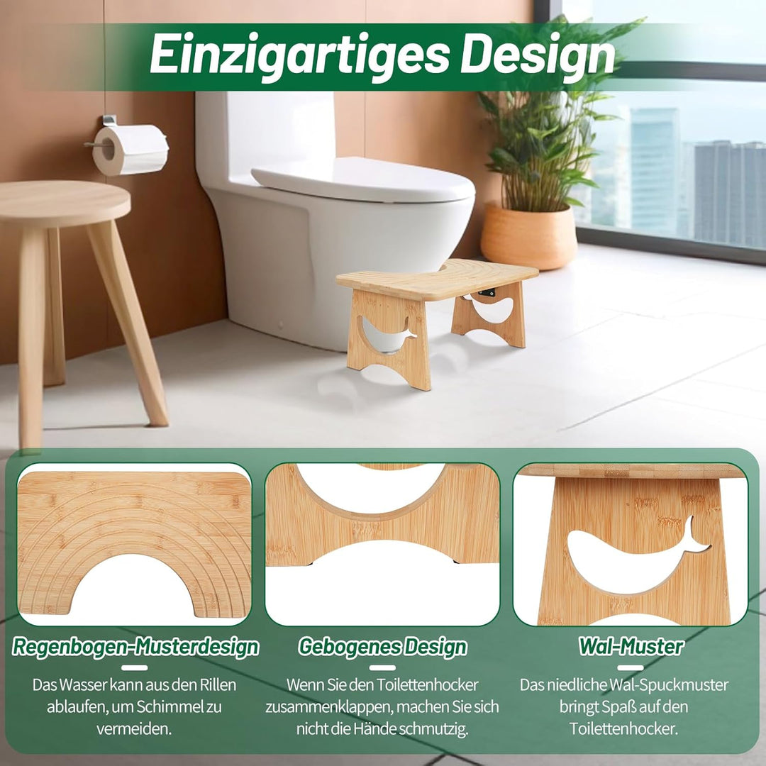 Klappbarer Toilettenhocker Erwachsene aus Bambus, 17.5cm Whale Design Toilettenhocker Klappbar für V