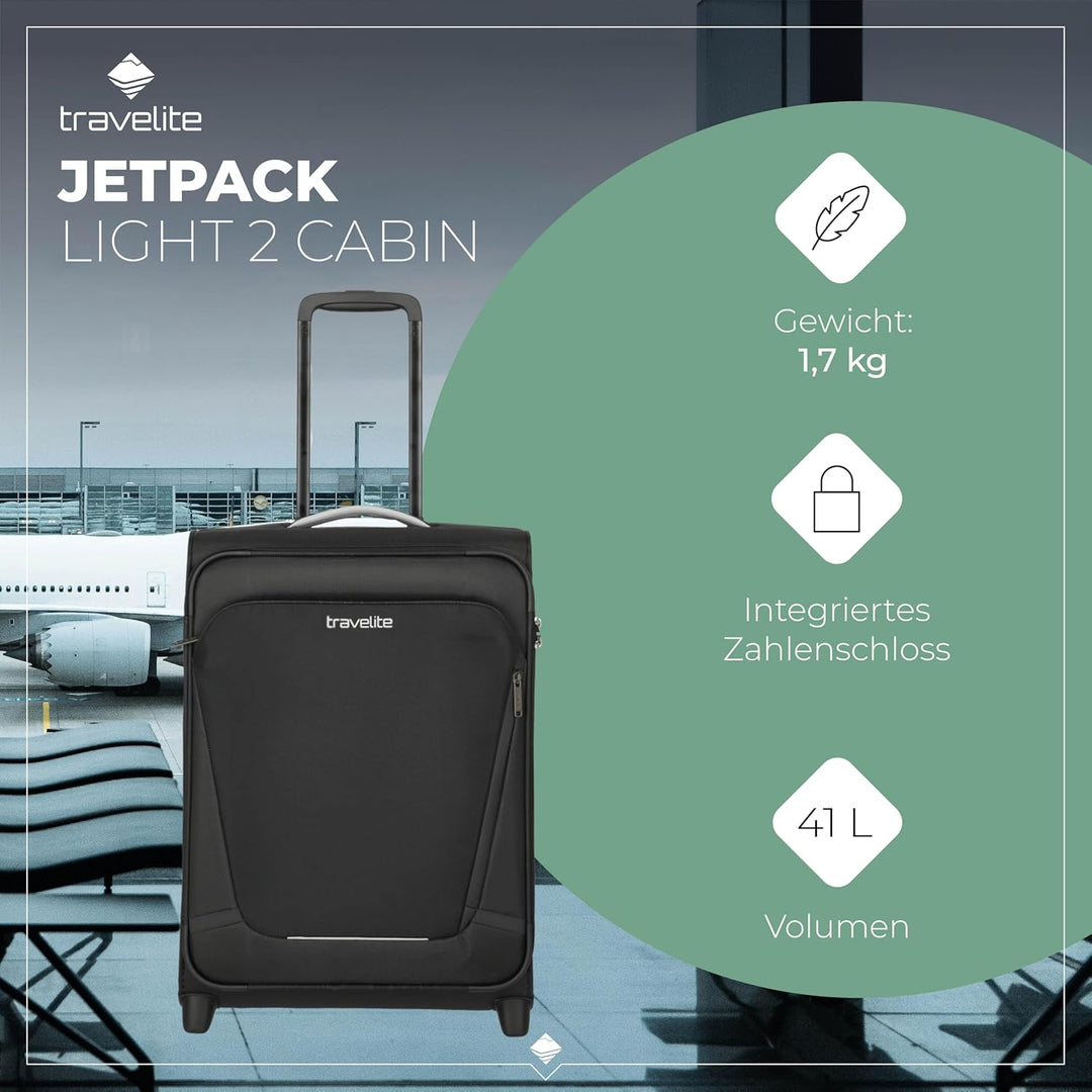 Travelite Handgepäck Trolley klein, Jetpack, Weichschale, 55x40x20 cm, Ultraleicht 1,7 kg, mit 2 Rol