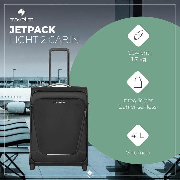Travelite Handgepäck Trolley klein, Jetpack, Weichschale, 55x40x20 cm, Ultraleicht 1,7 kg, mit 2 Rol