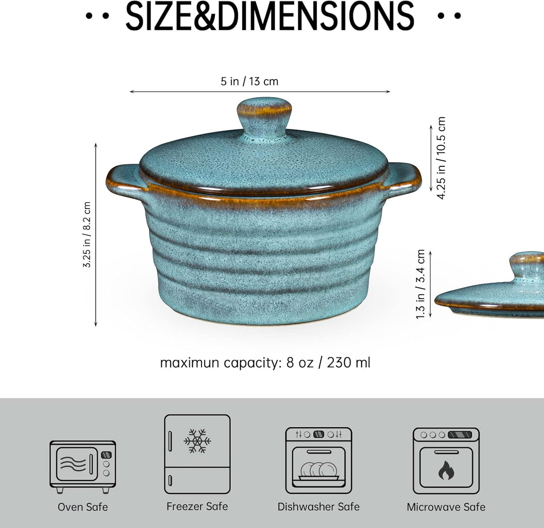 HENXFEN LEAD Mini Cocottes aus Steinzeug, 230ml Auflaufförmchen Souffle Förmchen mit Deckel, 4er-Set