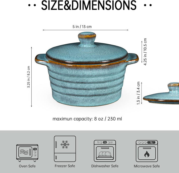 HENXFEN LEAD Mini Cocottes aus Steinzeug, 230ml Auflaufförmchen Souffle Förmchen mit Deckel, 4er-Set