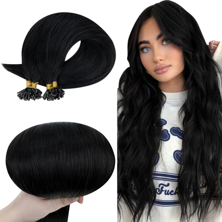 RUNATURE Bondings Extensions Echthaar 60cm Lang Haarverlangerung Echthaar Bondings Schwarz 50g 50s K
