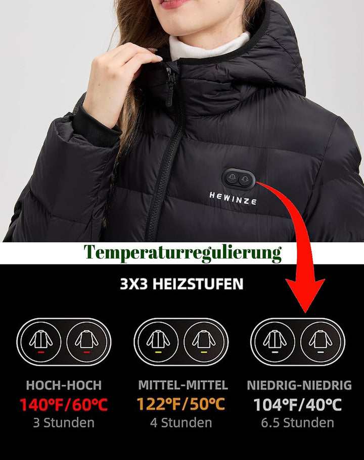 HEWINZE Beheizter Puffermantel mit Kapuze für Damen,elektrische Dual-Control-Heizjacke mit 7,4-V-Akk