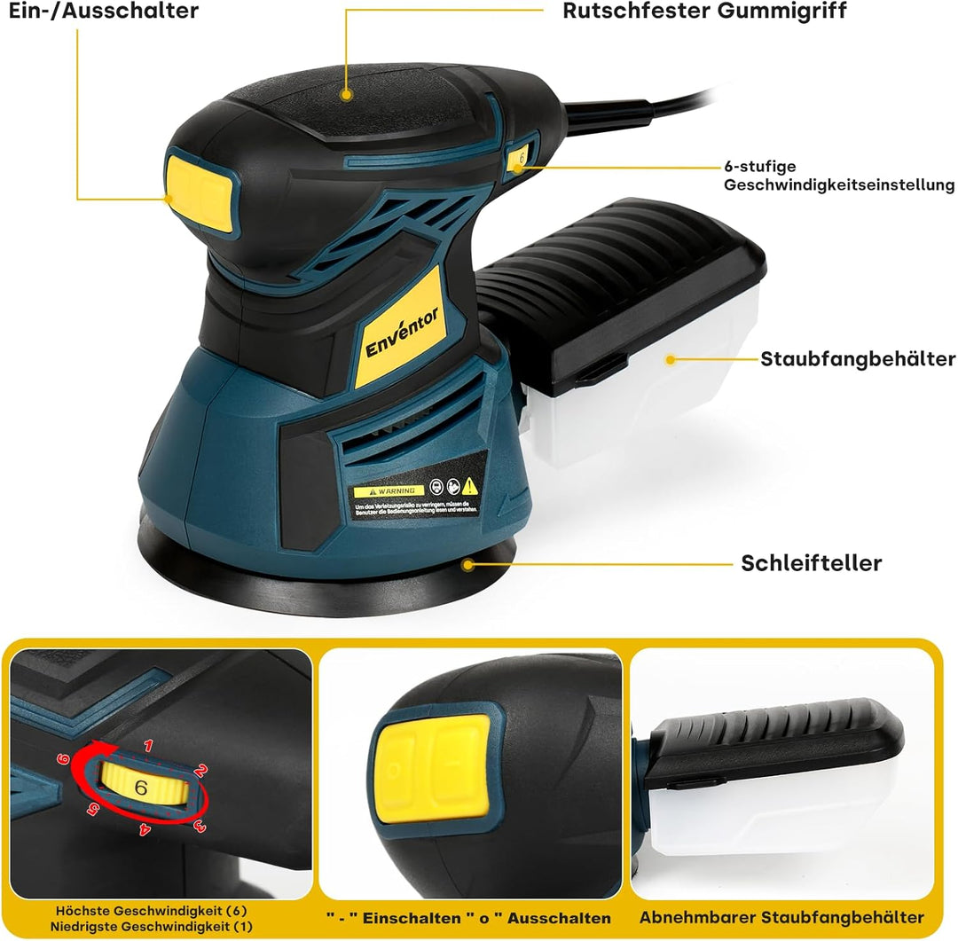 Enventor Exzenterschleifer 125mm, 350W Schleifmaschine 6000-13000 OPM, 6 Gänge, Multischleifer mit A