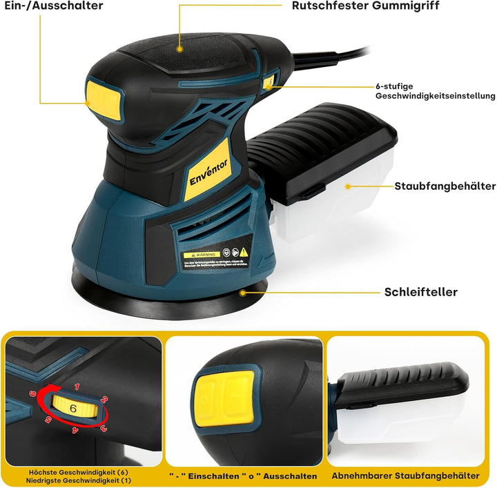 Enventor Exzenterschleifer 125mm, 350W Schleifmaschine 6000-13000 OPM, 6 Gänge, Multischleifer mit A
