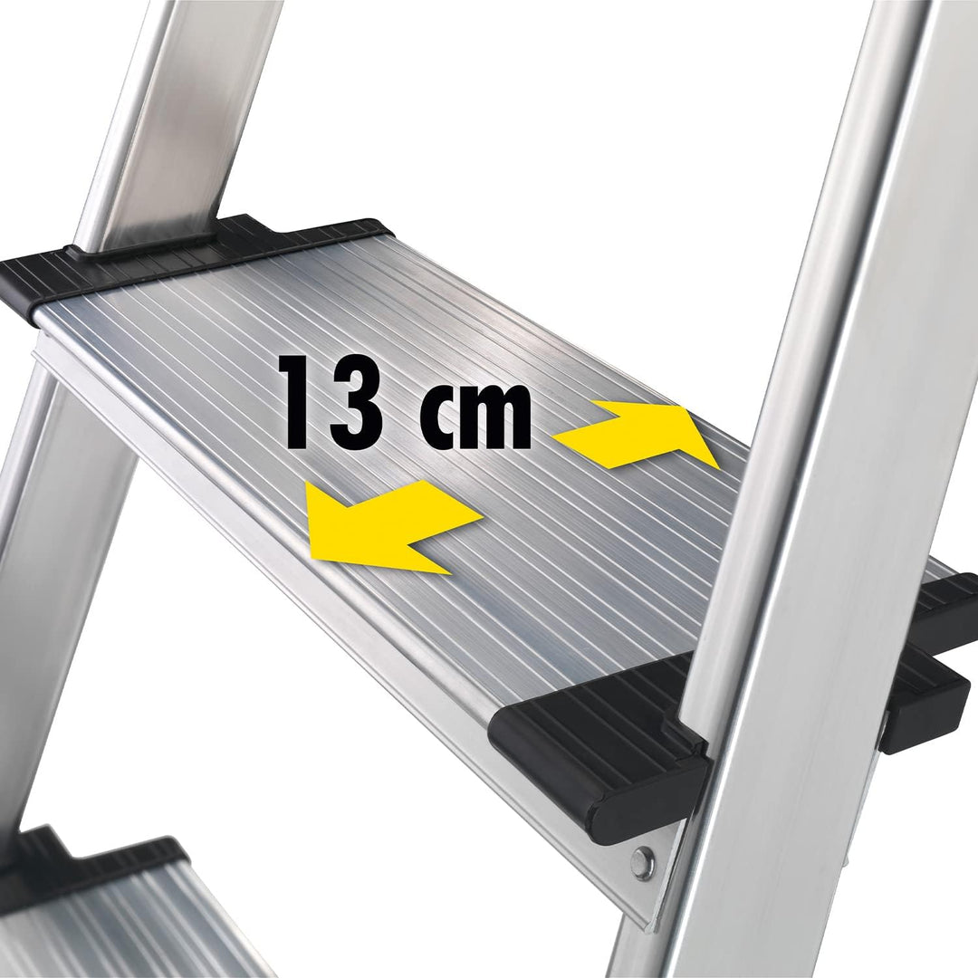 Hailo Stehleiter ComfortLine, 4 XXL-Stufen bis 150 kg, kleine Leiter aus Aluminium mit Ablage & tief
