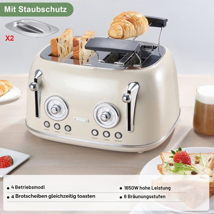 Wiltal Toaster 4 Scheiben, Toaster Langschlitz, Edelstahl Gehäuse, mit Integrierten Brötchenaufsatz,