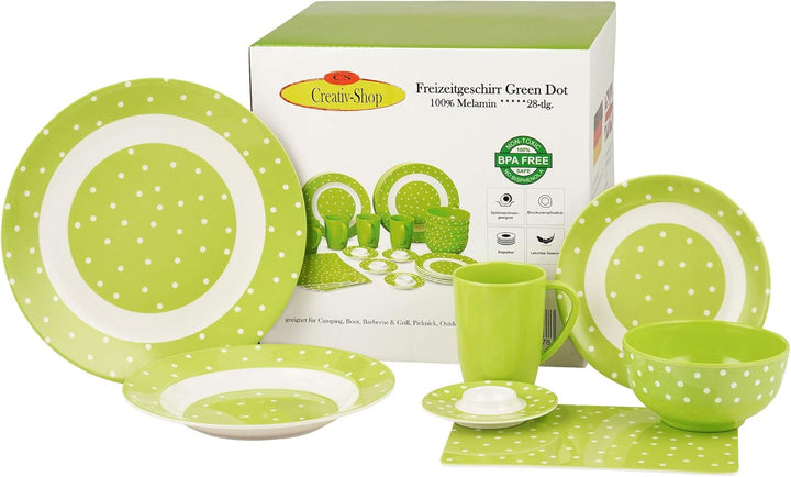 Melamin-Set Campinggeschirr Green Dot, 28-teilig, 100 Prozent Melamin, frei von BPA, Camping Geschir