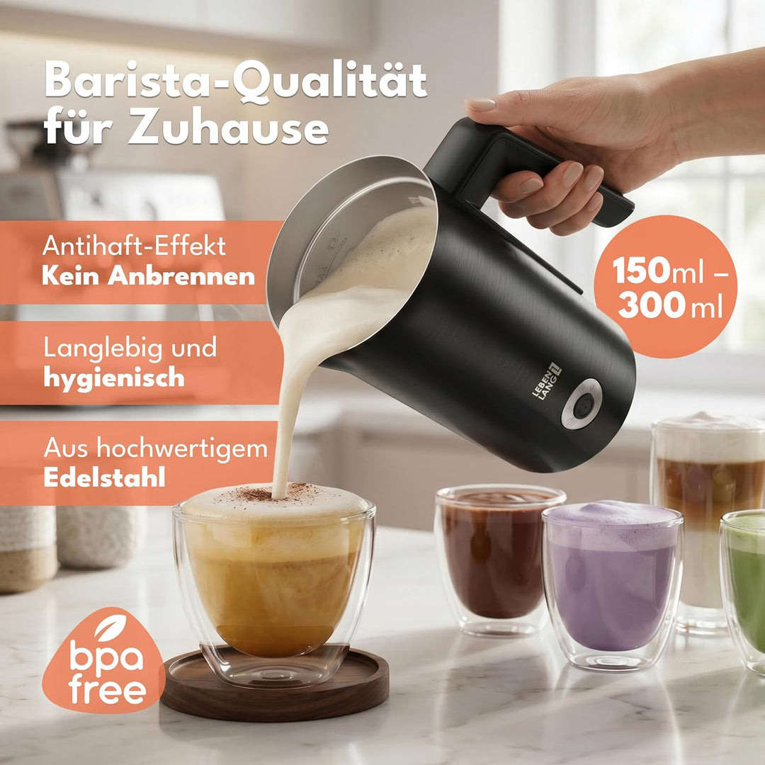 LEBENLANG Milchaufschäumer Elektrisch 4-in-1-300ml & 500W I Antihaftbeschichtet + 3 Ersatzschäumer I