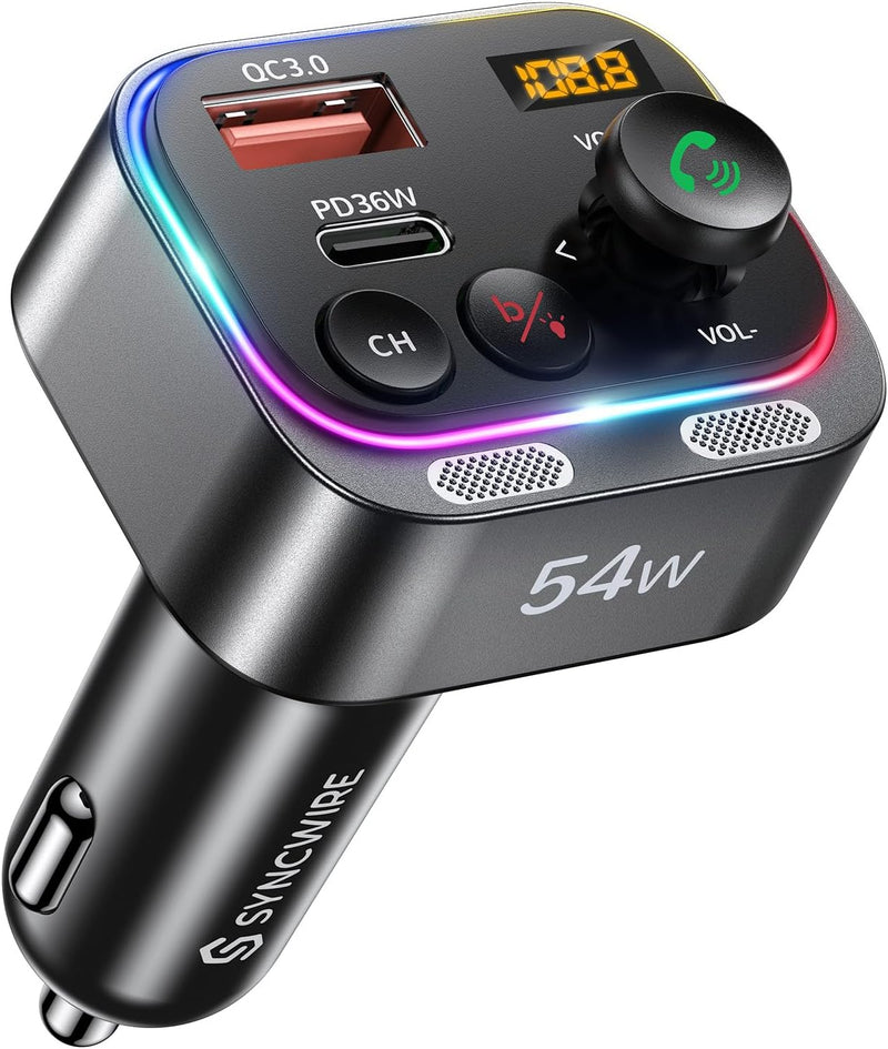 Syncwire Bluetooth 5.4 FM Transmitter Auto Ladegerät 54W PD&QC3.0 USB C Auto Adapter [Schnellladung]