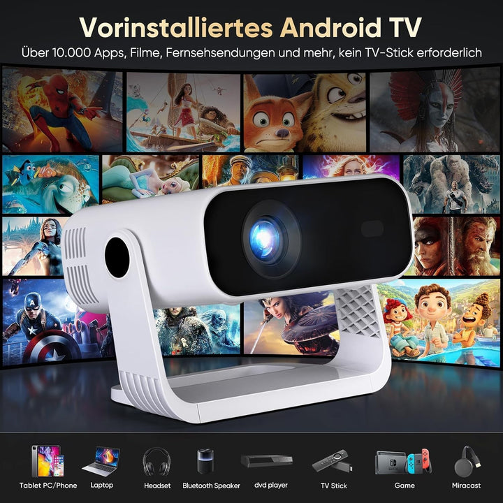 2026 Neuer Smart Mini Beamer Integrierte APP, Android 14, Unterstützt 1080P und 4K-Dekodierung, Auto