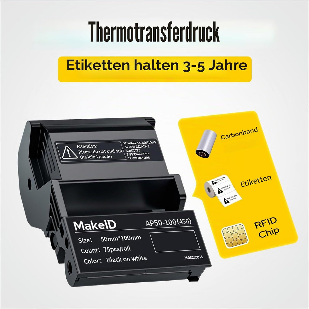 MakeID EP53 Etiketten, Allwetter-PET-Etikettenband mit Farbbandkassette für ID- und Gerätekennzeichn