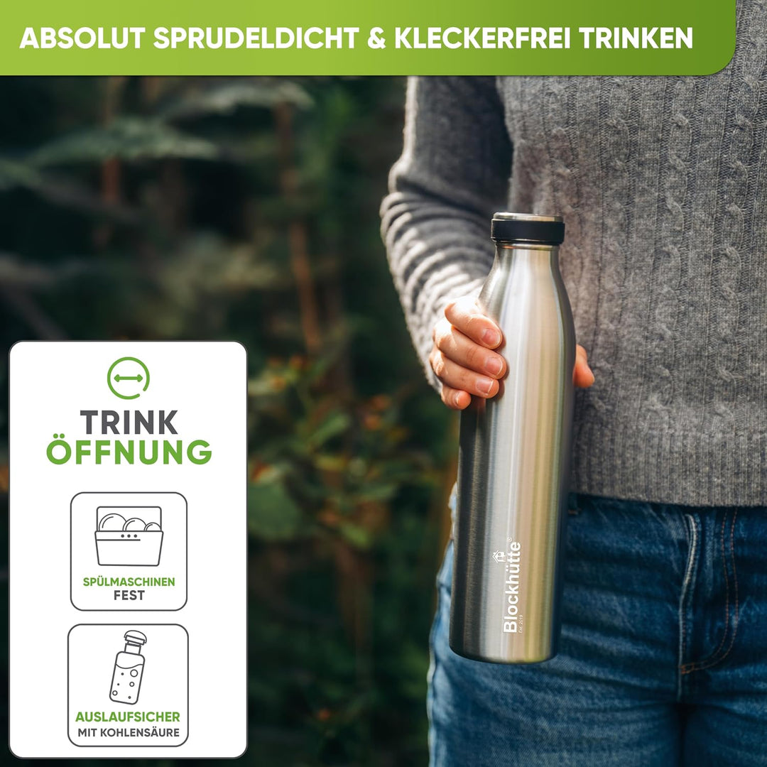 Blockhütte Wasserflasche Edelstahl 500ml I Isolierte Thermosflasche, Wasserflasche Kohlensäure geeig