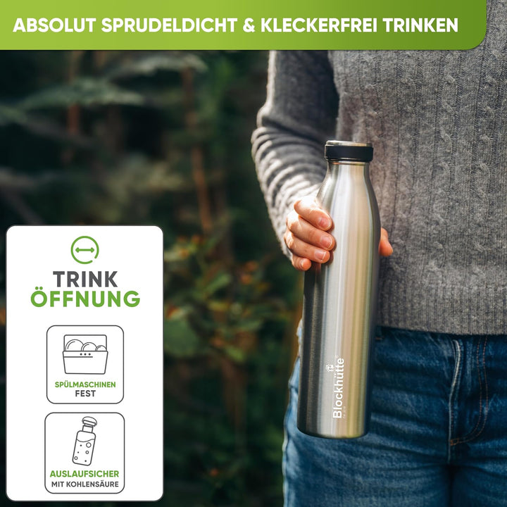 Blockhütte Wasserflasche Edelstahl 500ml I Isolierte Thermosflasche, Wasserflasche Kohlensäure geeig