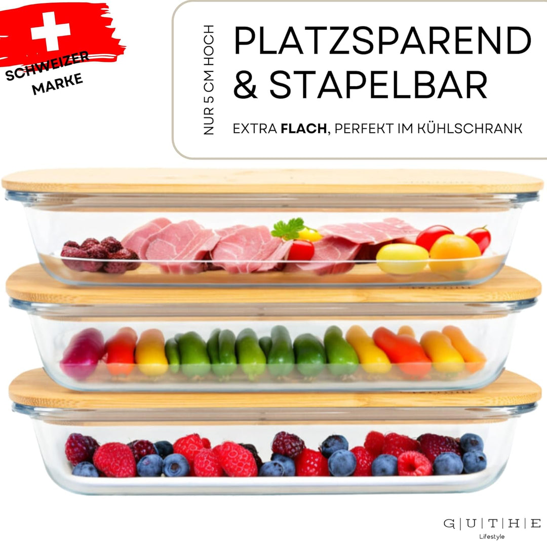 GUTHE Lifestyle 3er Set Aufschnittboxen für Kühlschrank glas, stapelbare Frischhaltedosen mit Holzde