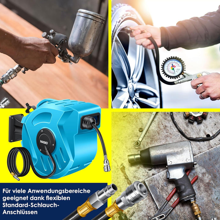 MASKO® 20m Druckluftschlauch Aufroller automatisch 1/4" Anschluss - Schlauchtrommel Wandschlauchhalt