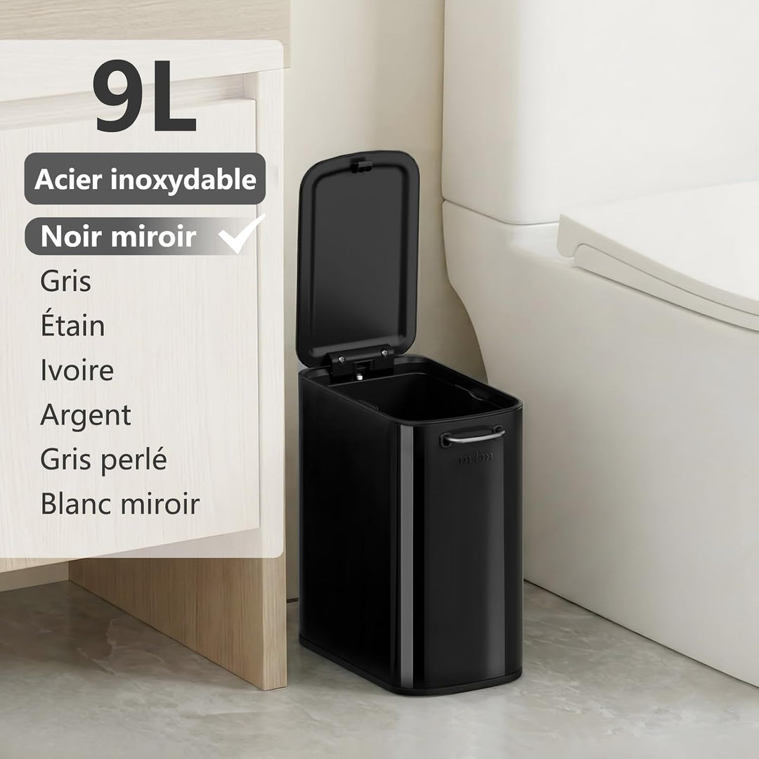 mVm Mülleimer Bad 9L, Abfalleimer Edelstahl, Handbetätigter, Schwarz | Soft-Close, Herausnehmbarem I
