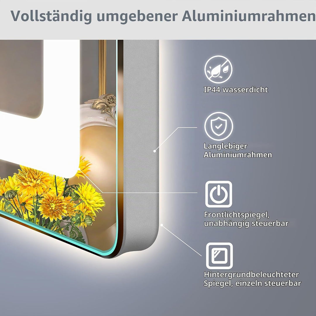 STARLEAD Badspiegel-mit-Beleuchtung 80x60cm, Hintergrundbeleuchtung + Frontbeleuchtung, Silberner Al