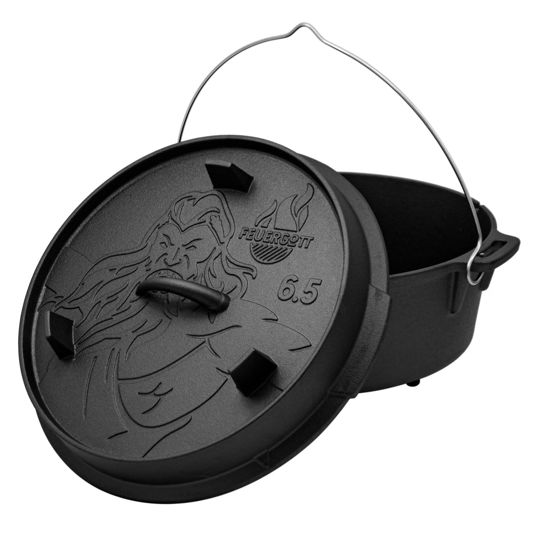Dutch Oven Gusseisen 6,5 Liter mit Füssen – Schmortopf, Bräter mit Deckel für Grill, Lagerfeuer, BBQ