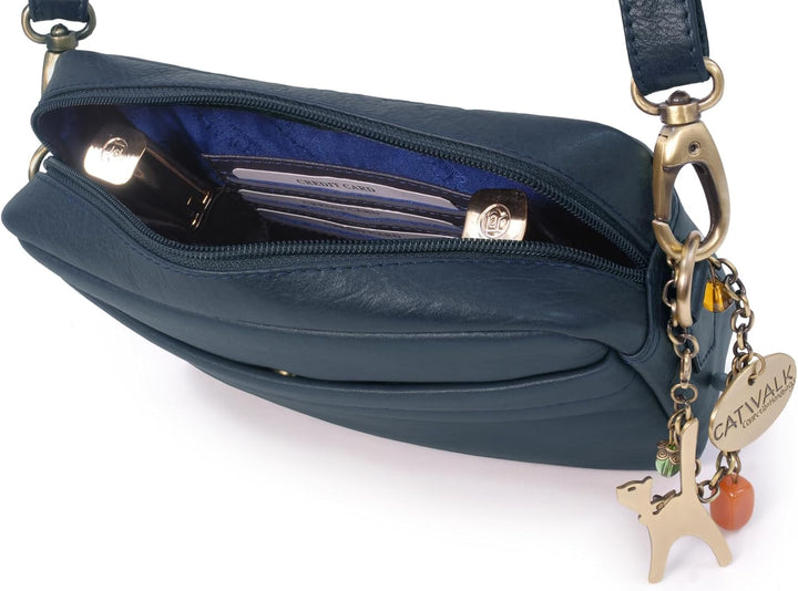 Catwalk Collection Handbags - Leder - Klein Umhängetasche Messenger/Schultertasche - POLLY Blau, Bla