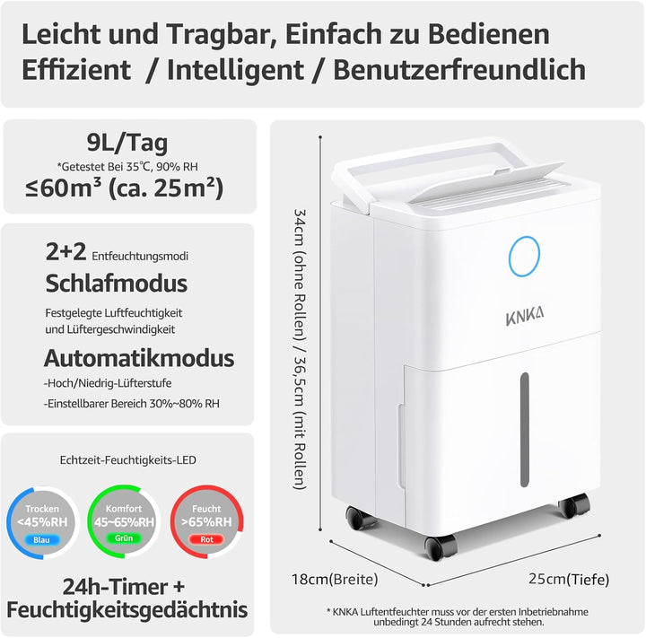 KNKA Luftentfeuchter, 9L/T, Leiser Luftentfeuchter Elektrisch, Raumentfeuchter mit Ablaufschlauch, A