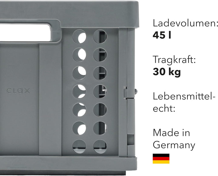 Clax® Klappkiste | Faltkorb | Faltkiste | grau | 45 Liter | Lebensmittelecht