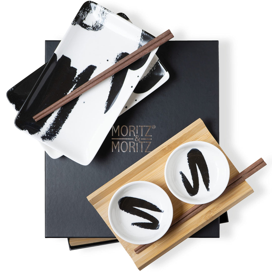 Moritz & Moritz 10-tlg. Sushi Geschirr Set für 2 Personen - Sushi Servierset mit 2x Sushi-Teller, Di