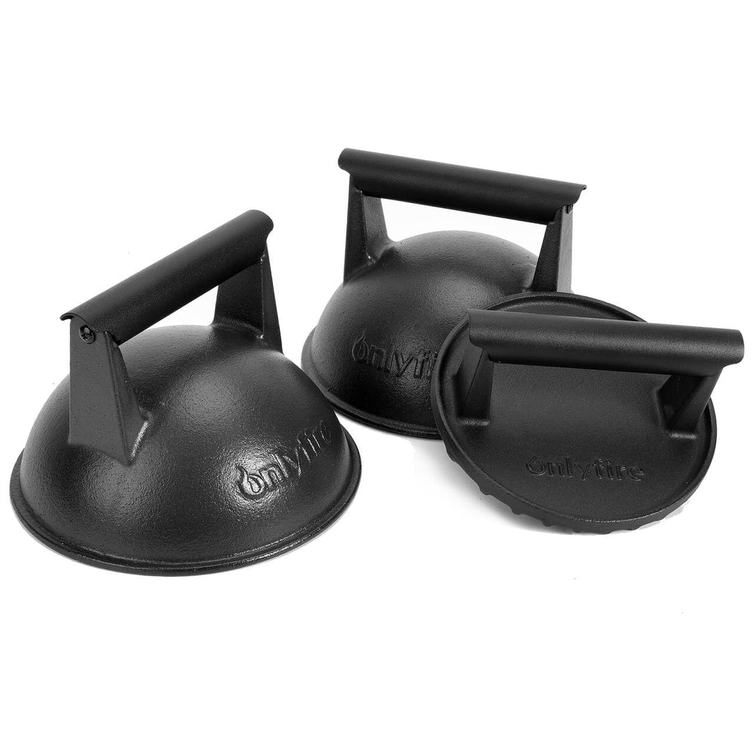 onlyfire Gusseisen Smash Burger Set 3-teilig, Burger Smasher &amp; 2X Schmelzhaube 18cm, Profi Burgerpre