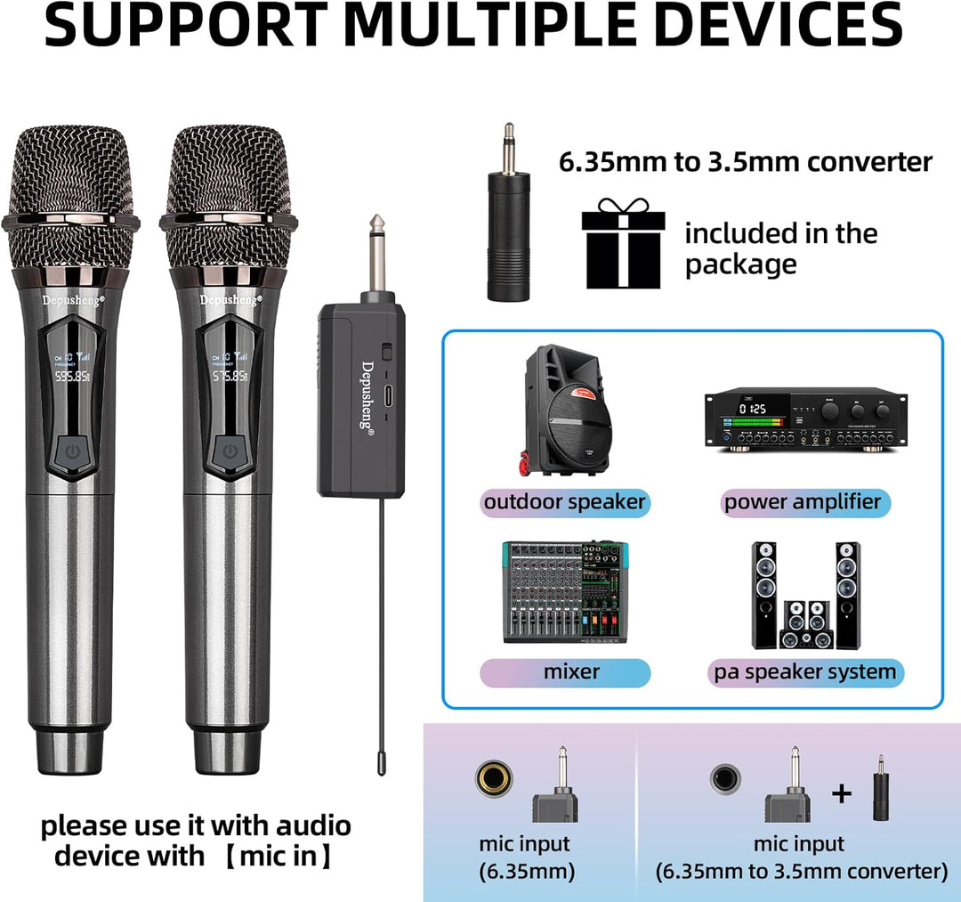 Depusheng Drahtlose Mikrofone, Dual-Karaoke-Mikrofonsystem, Microfonos Inalambricos mit wiederauflad