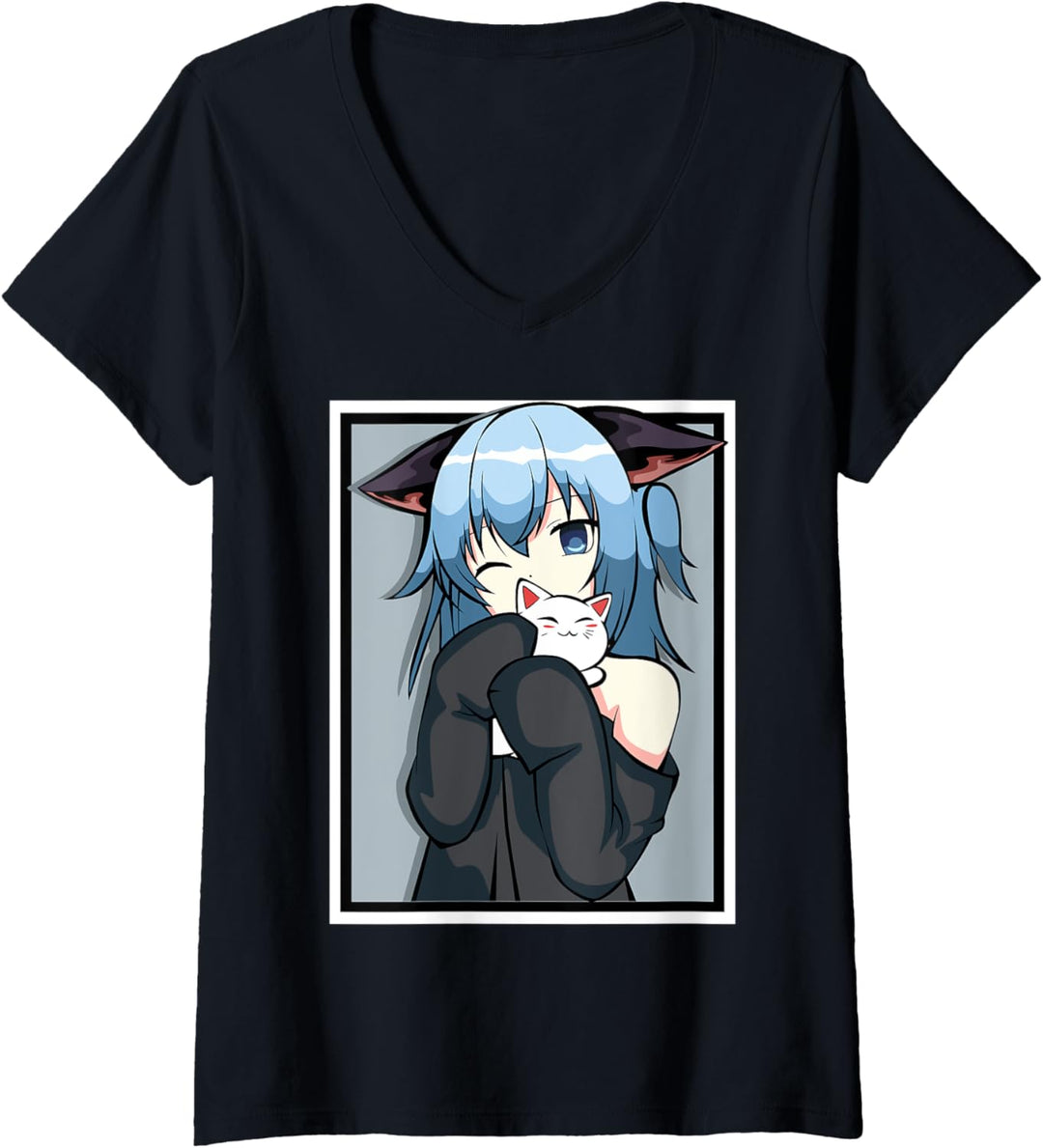 Damen Anime-Girl – niedliches Katzen-Design – Manga und Kawaii T-Shirt mit V-Ausschnitt
